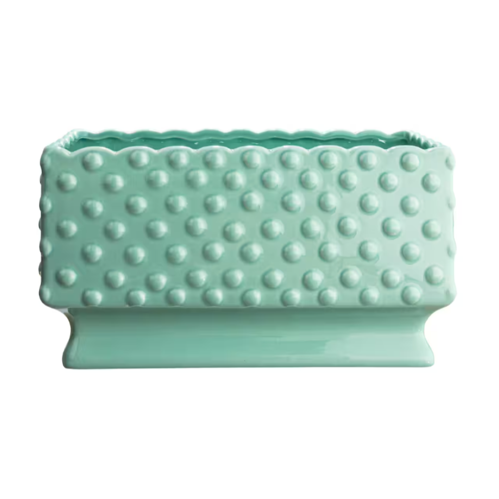 Mint Ceramic Hobnail Planter with Scalloped Edge & Polka Dots
